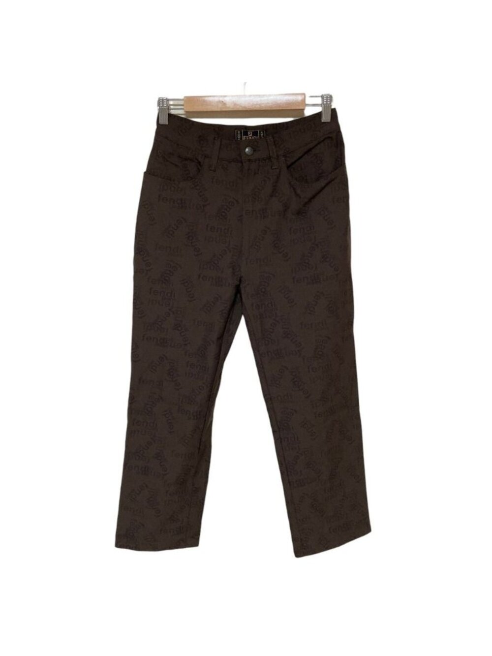 Fendi Jeans Vintage Logo All Over Print Stretch Pants Brown Tapered Spring 46